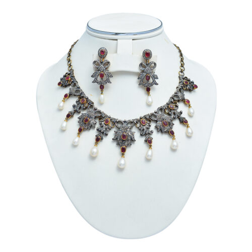 Rubies, Pearls & uncut diamonds Victorian necklace set in silver