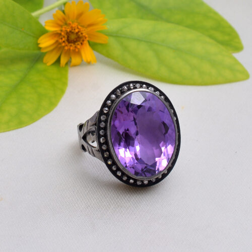 Amethyst & uncut diamonds Victorian ring in silver