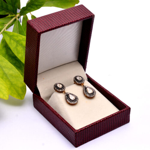 Uncut polki diamonds hanging earrings in silver