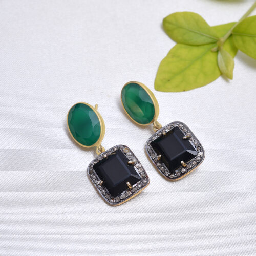 Green & black onyx with uncut diamonds set in gold plated silver - Rs 8500