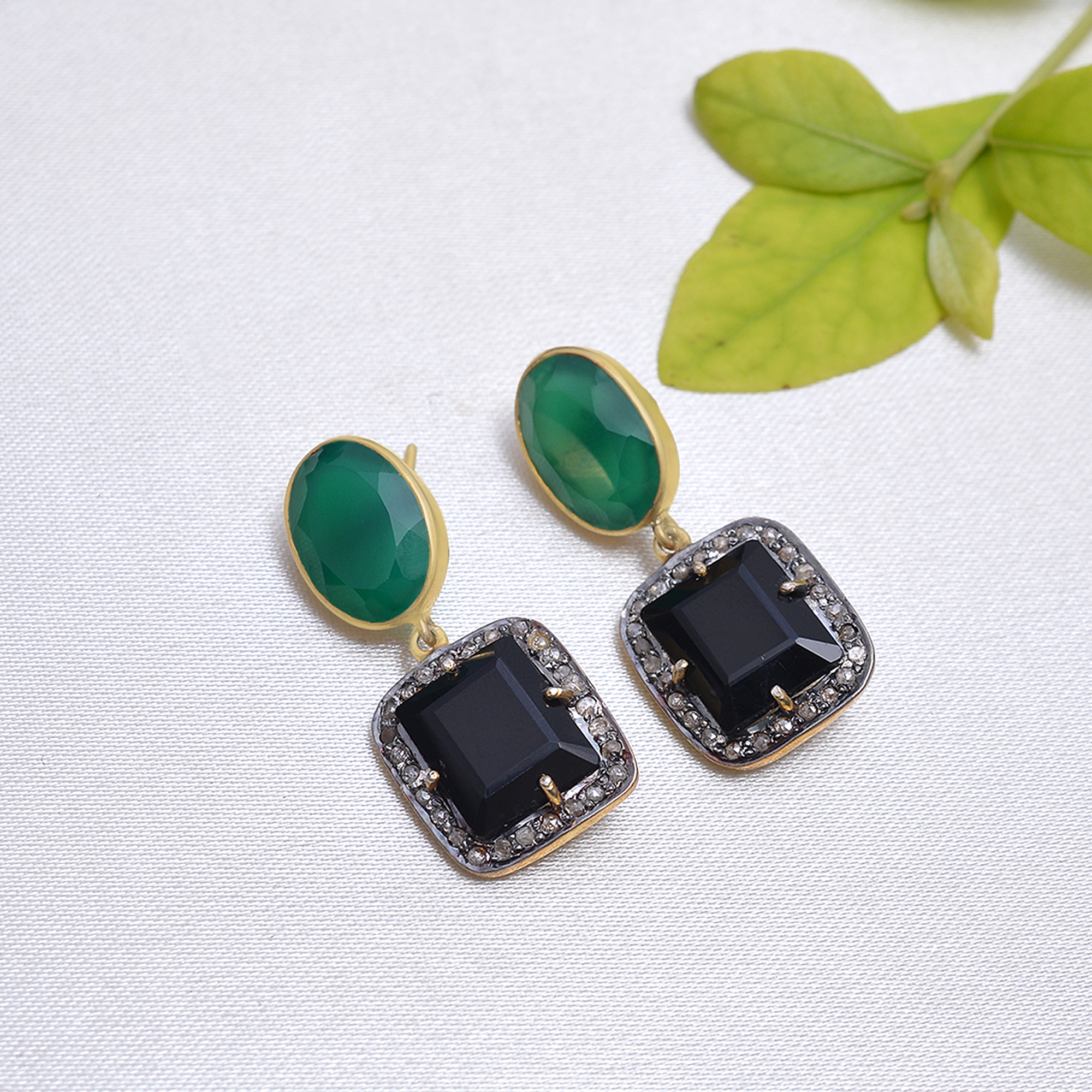 Green & black onyx with uncut diamonds set in gold plated silver - Rs 8500