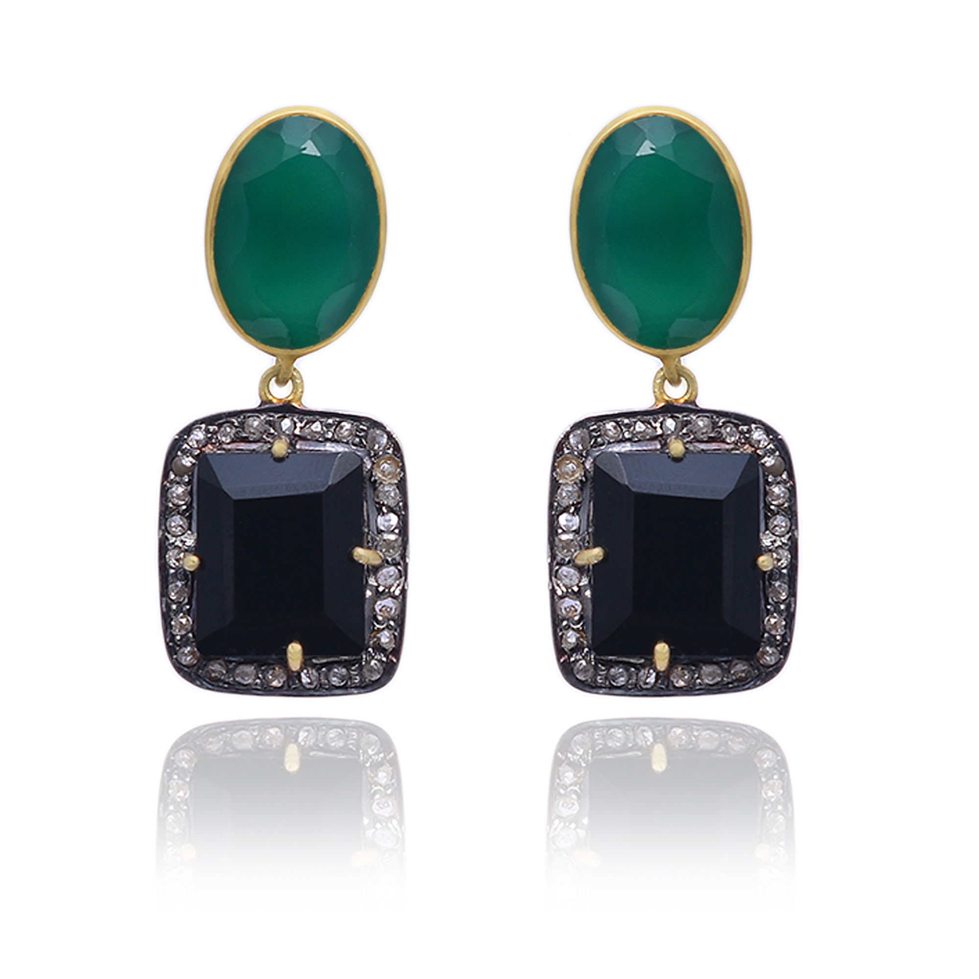 Green & black onyx with uncut diamonds set in gold plated silver - Rs 8500 - Image 2