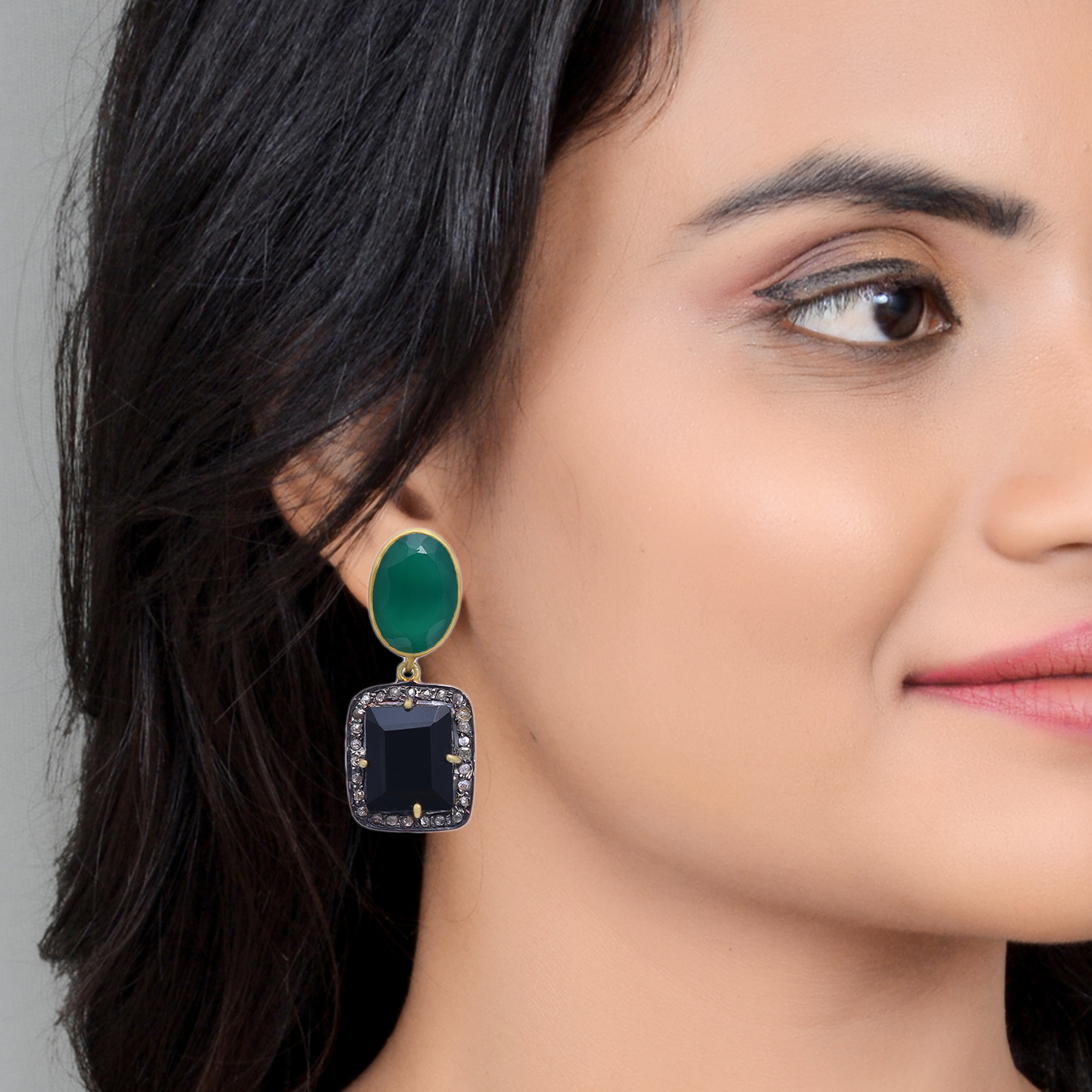 Green & black onyx with uncut diamonds set in gold plated silver - Rs 8500 - Image 3