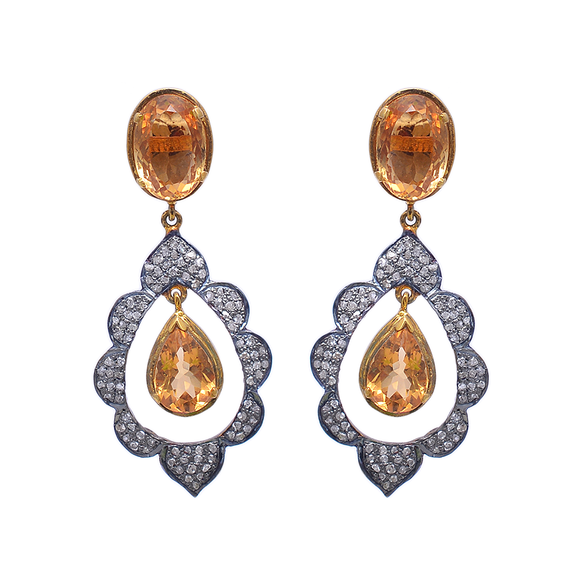 Pair of earrings with vibrant Citrine & uncut diamonds set in gold plated silver - Image 3