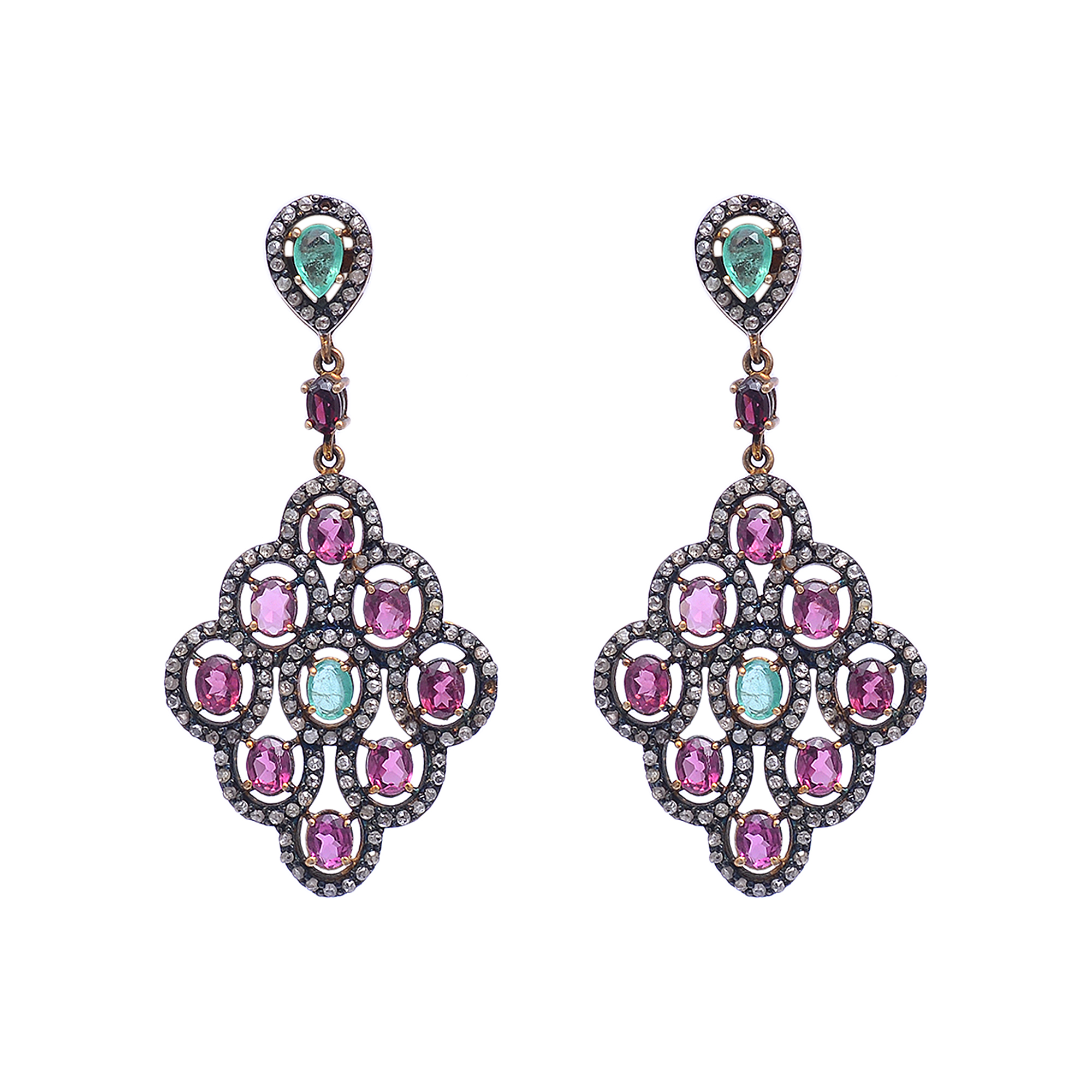 Victorian pair of earrings with emeralds, Tourmaline & uncut diamonds in silver - Image 3