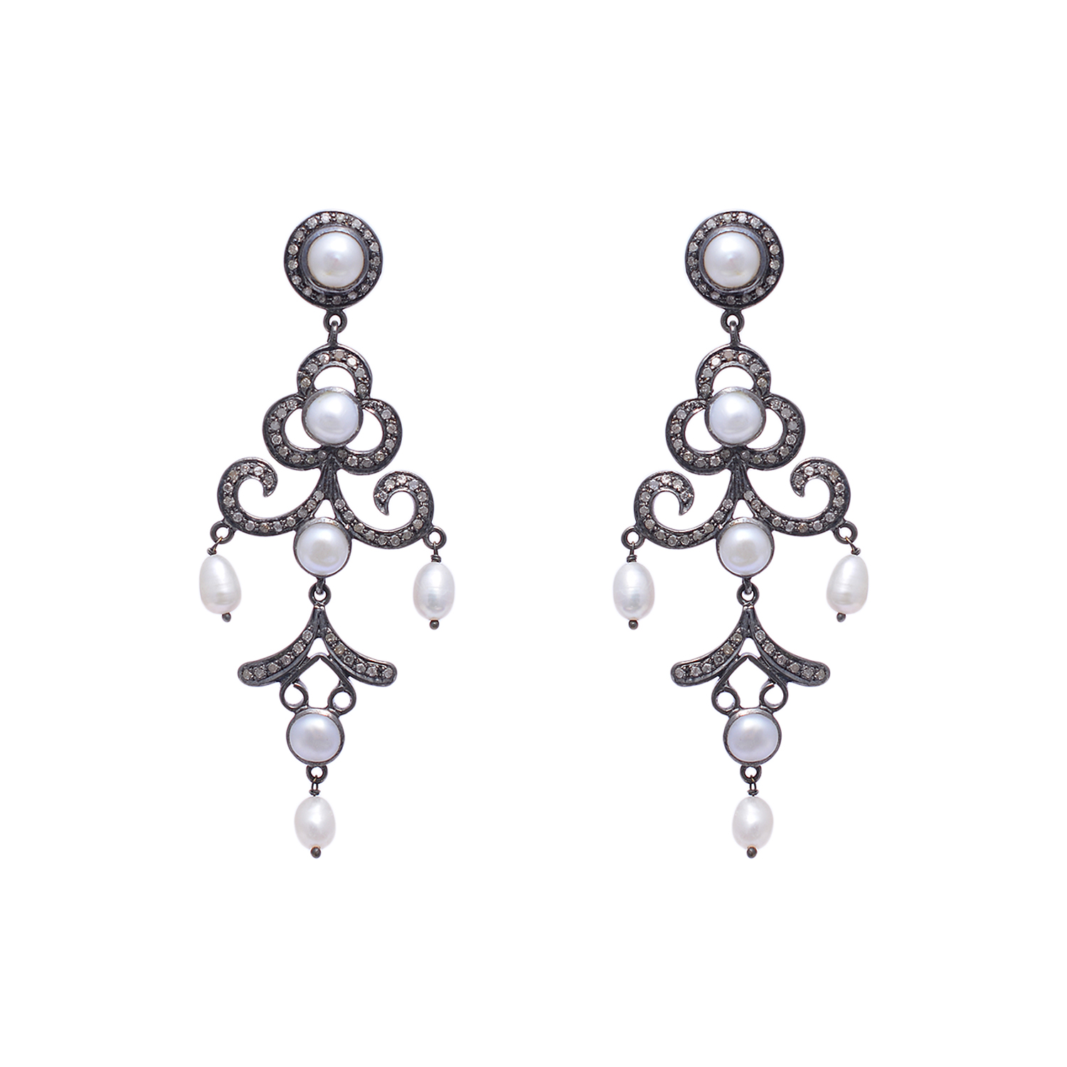Victorian pair of earrings with Pearls & diamonds in silver - Image 3