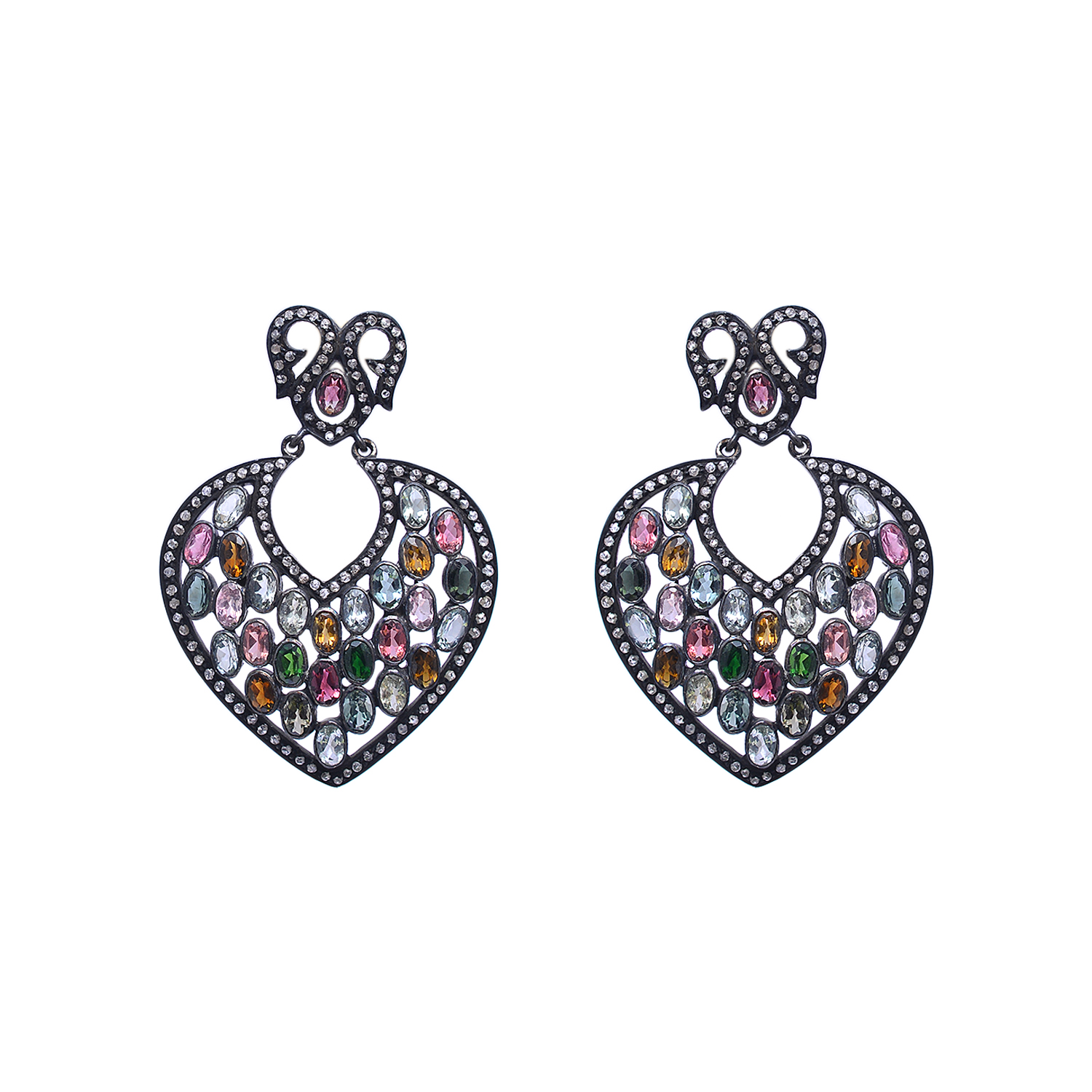 Victorian Multi colour tourmaline & uncut diamonds earrings set in silver - Image 3