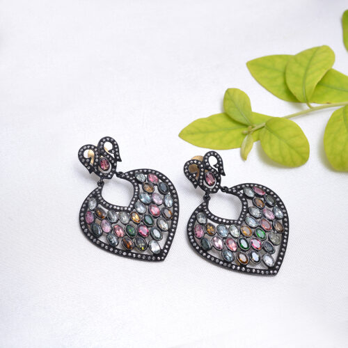 Victorian Multi colour tourmaline & uncut diamonds earrings set in silver
