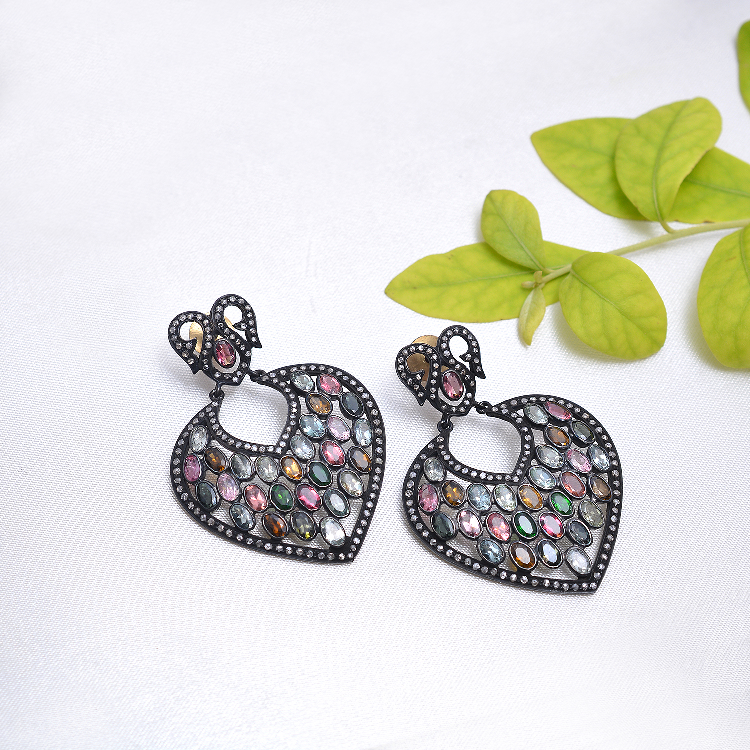 Victorian Multi colour tourmaline & uncut diamonds earrings set in silver