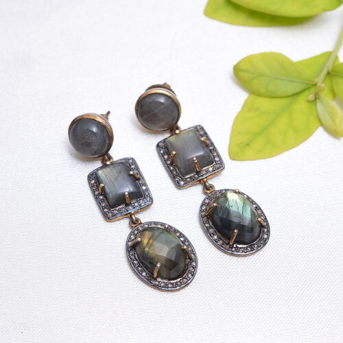 Labrodite & uncut diamonds Victorian earrings in silver