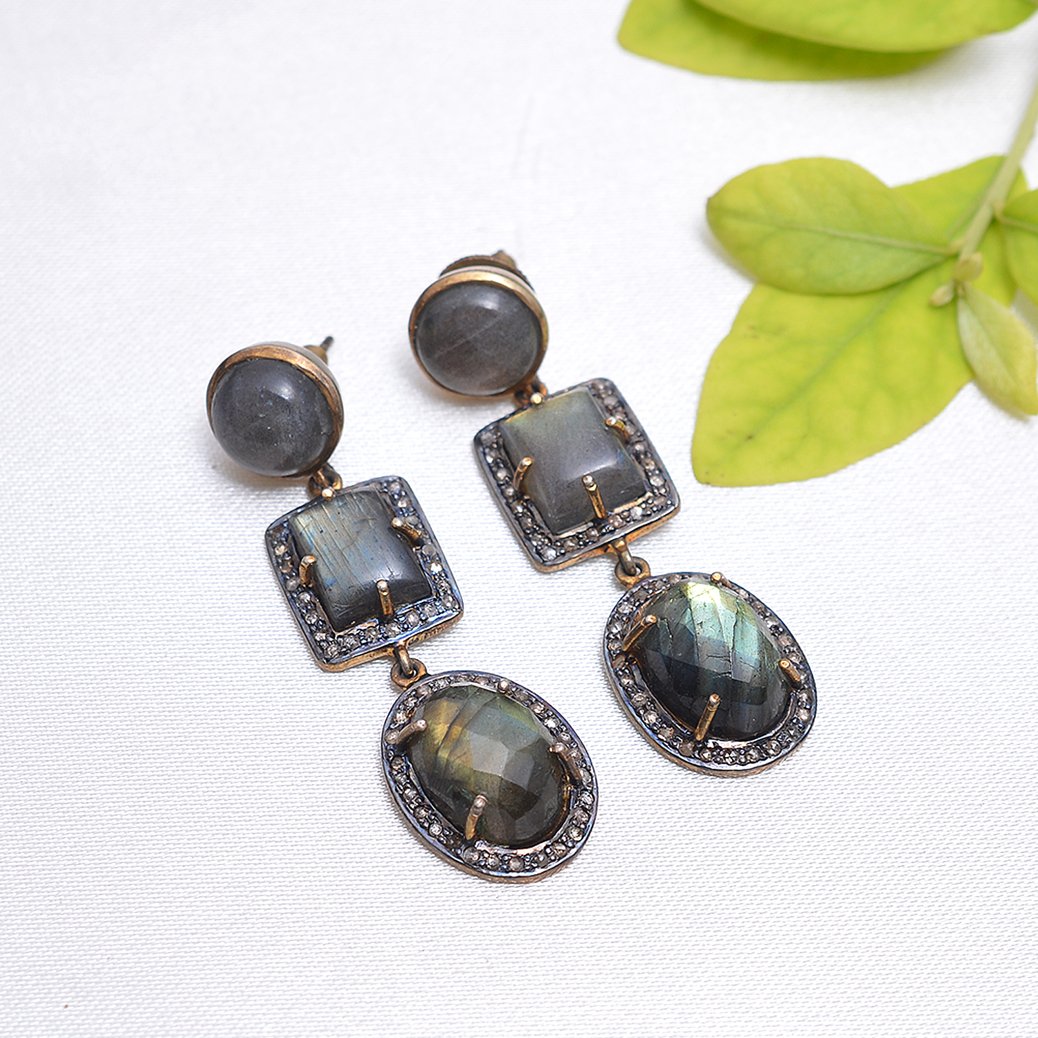 Labrodite & uncut diamonds Victorian earrings in silver