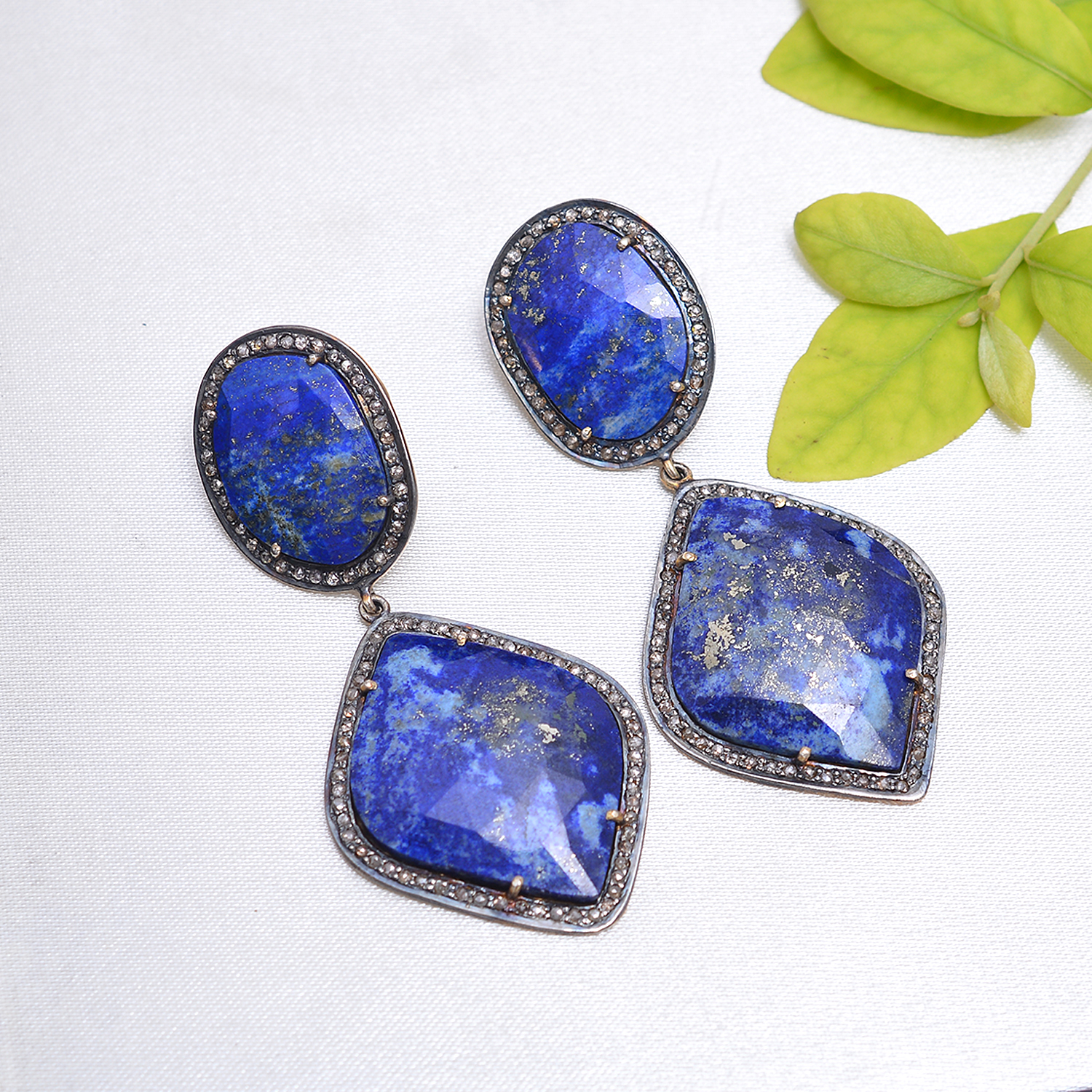 Lapis & uncut diamonds Victorian earrings in silver