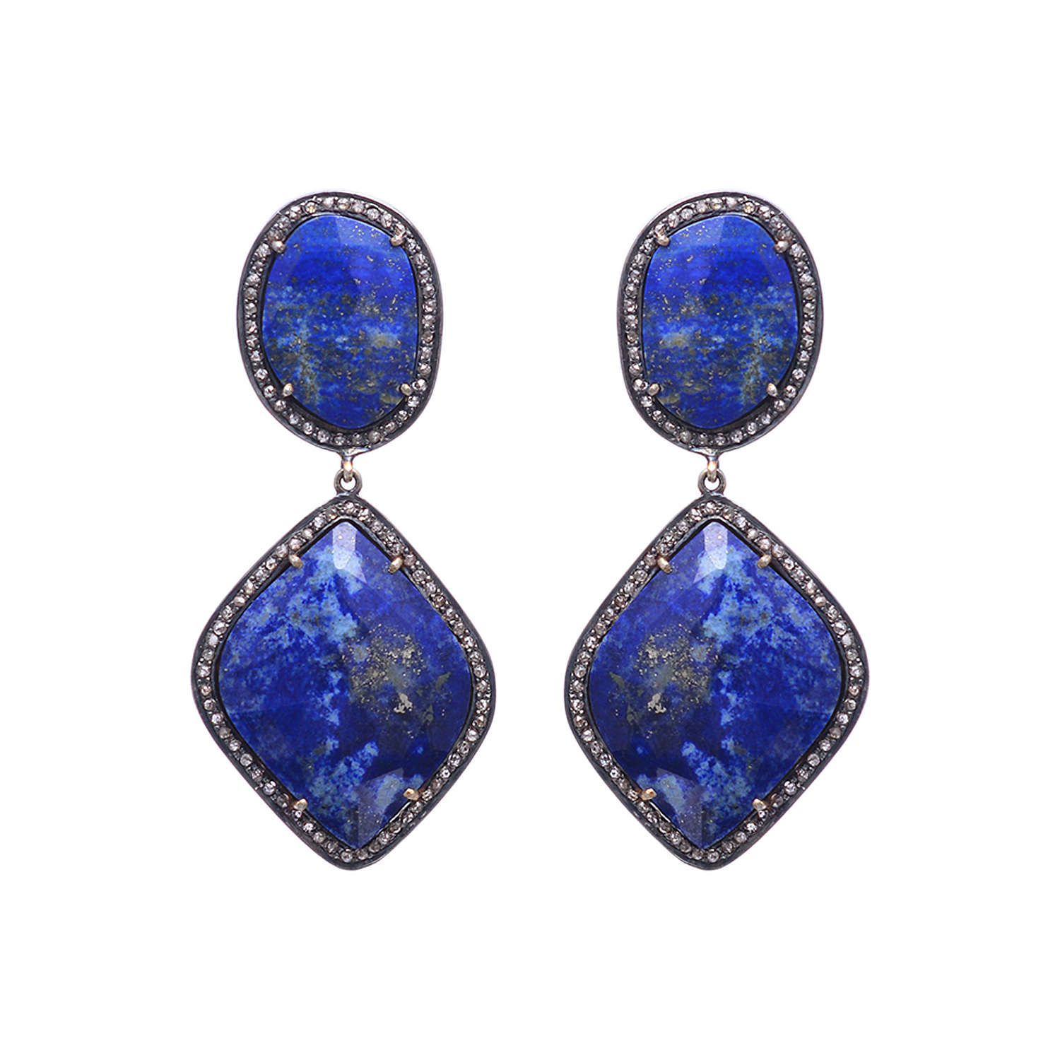 Lapis & uncut diamonds Victorian earrings in silver - Image 3