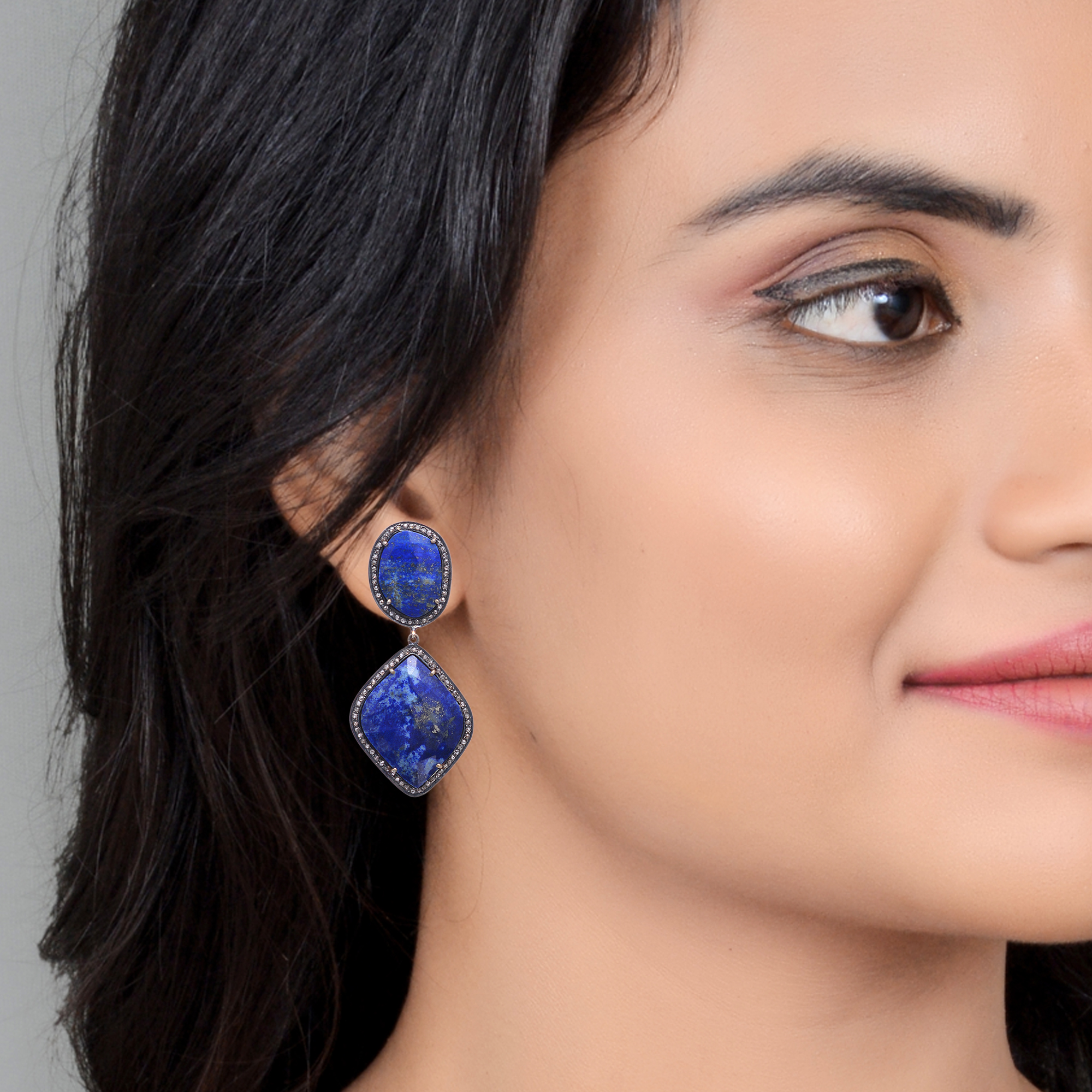 Lapis & uncut diamonds Victorian earrings in silver - Image 2