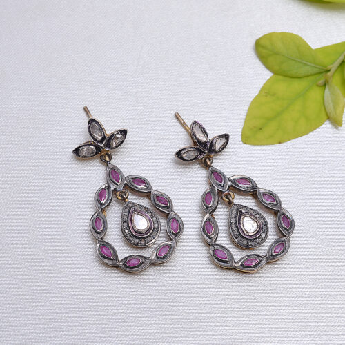 Rubies & uncut diamonds Victorian earrings in silver