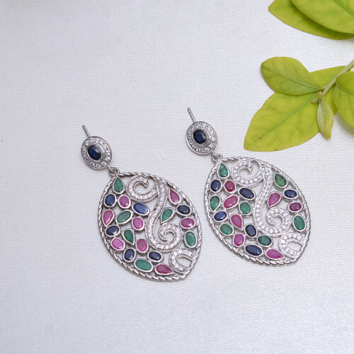 Rubies, emeralds, Blue Sapphire & cubic zircon pair of earrings in silver
