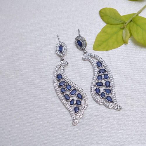 Blue sapphire & cubic zircon pair of earrings in silver
