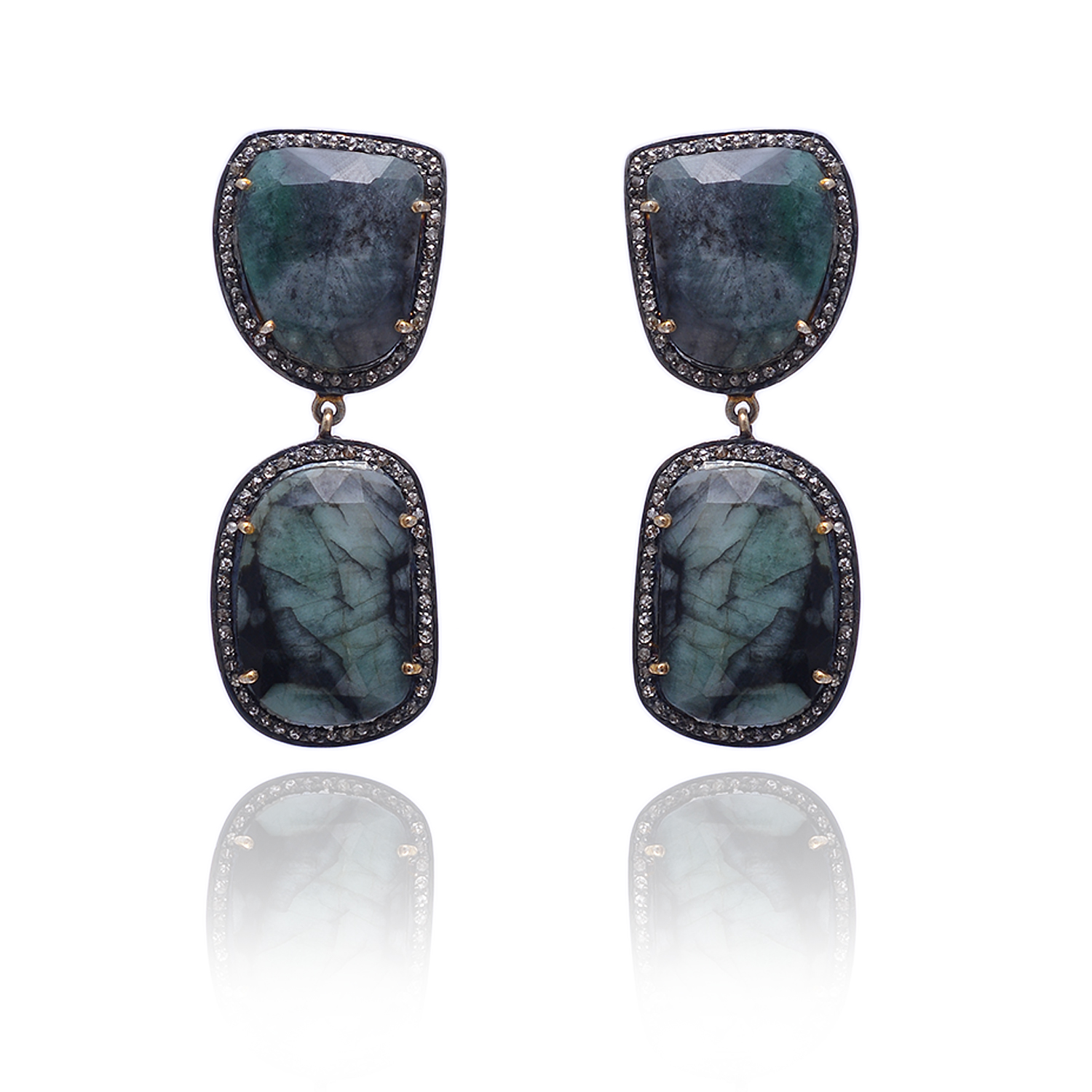 Emerald & uncut diamonds Victorian earrings in silver - Image 2