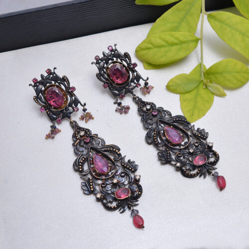 Tourmaline & uncut diamonds Victorian earrings in silver 