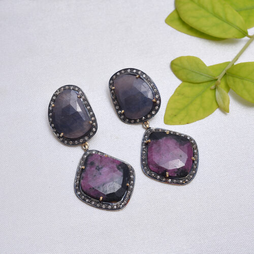 Multi sapphire & uncut diamonds earrings in silver 