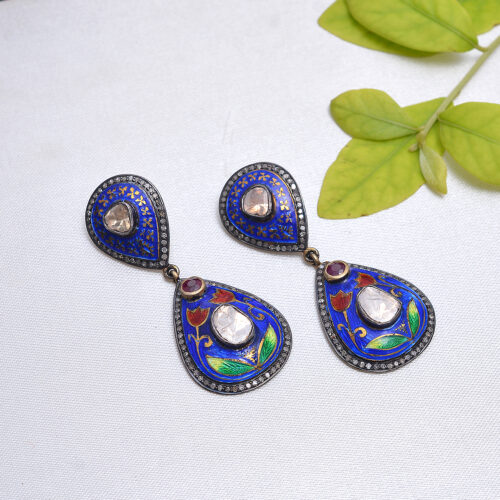 Silver enamel pair of earrings with diamond polki's & rubies in silver