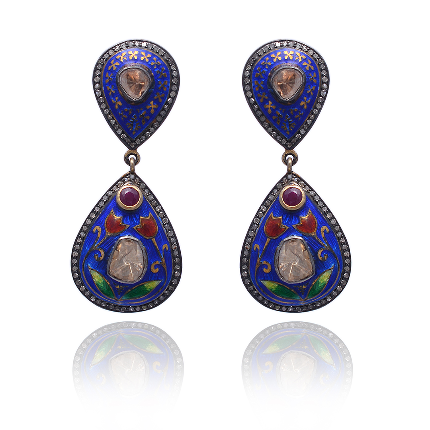 Silver enamel pair of earrings with diamond polki's & rubies in silver - Image 2