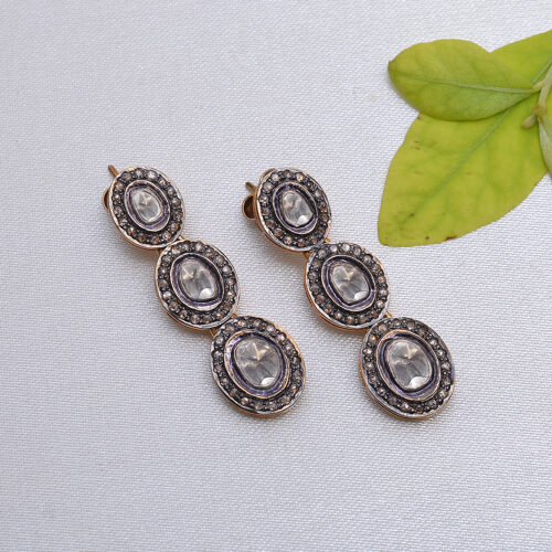 Diamond polkis & uncut diamonds Victorian earrings in silver
