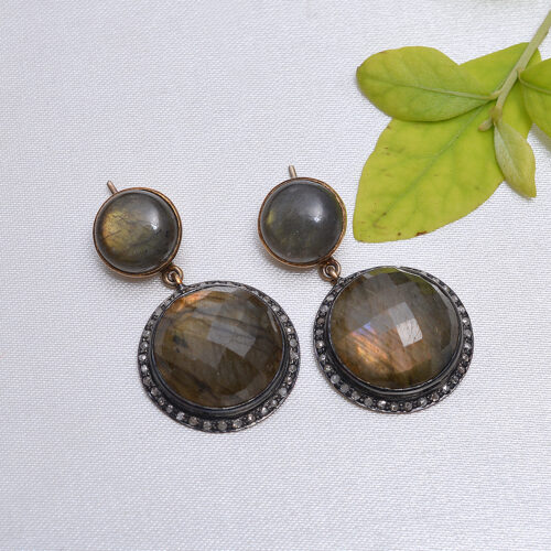 Labrodite & uncut diamonds Victorian earrings in silver