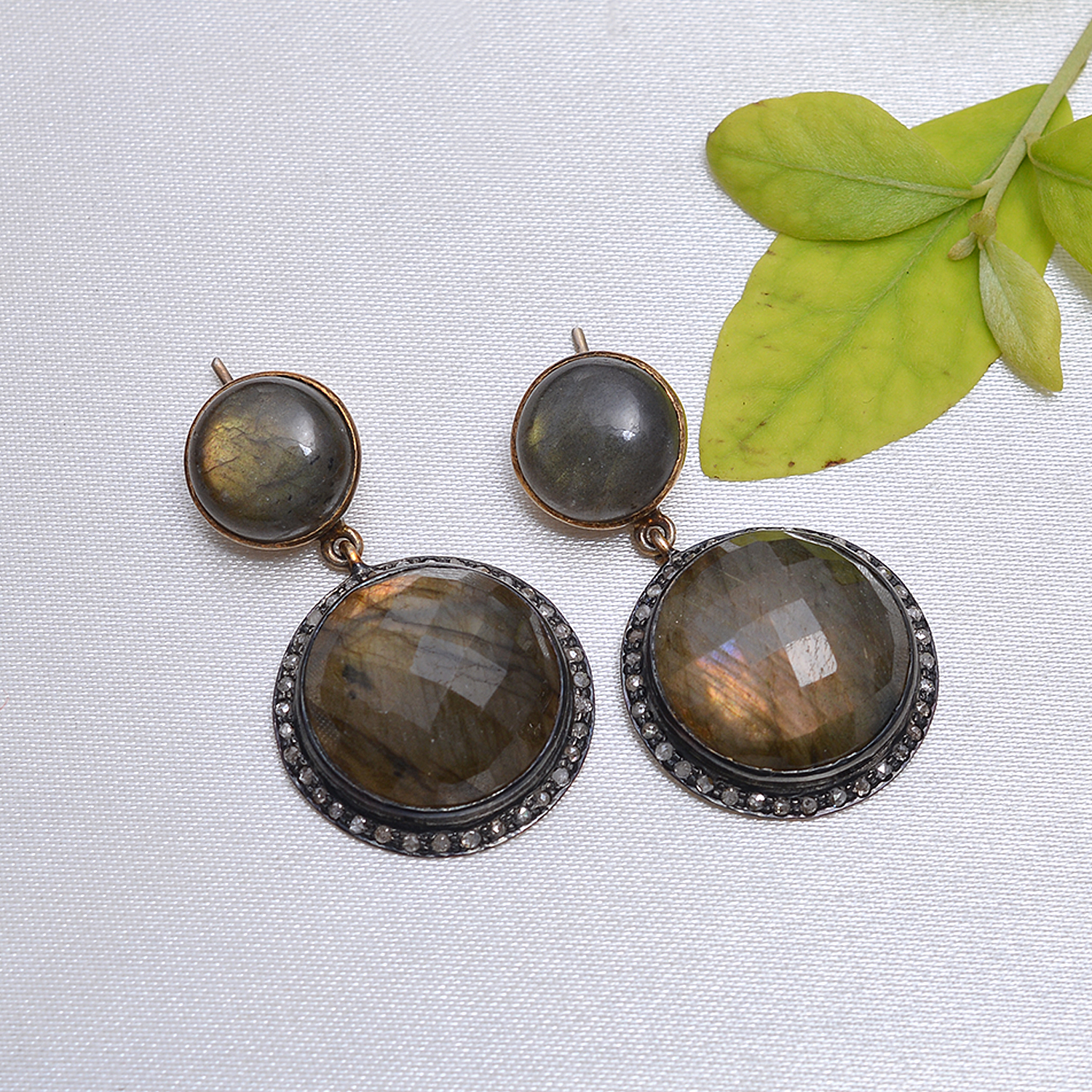 Labrodite & uncut diamonds Victorian earrings in silver