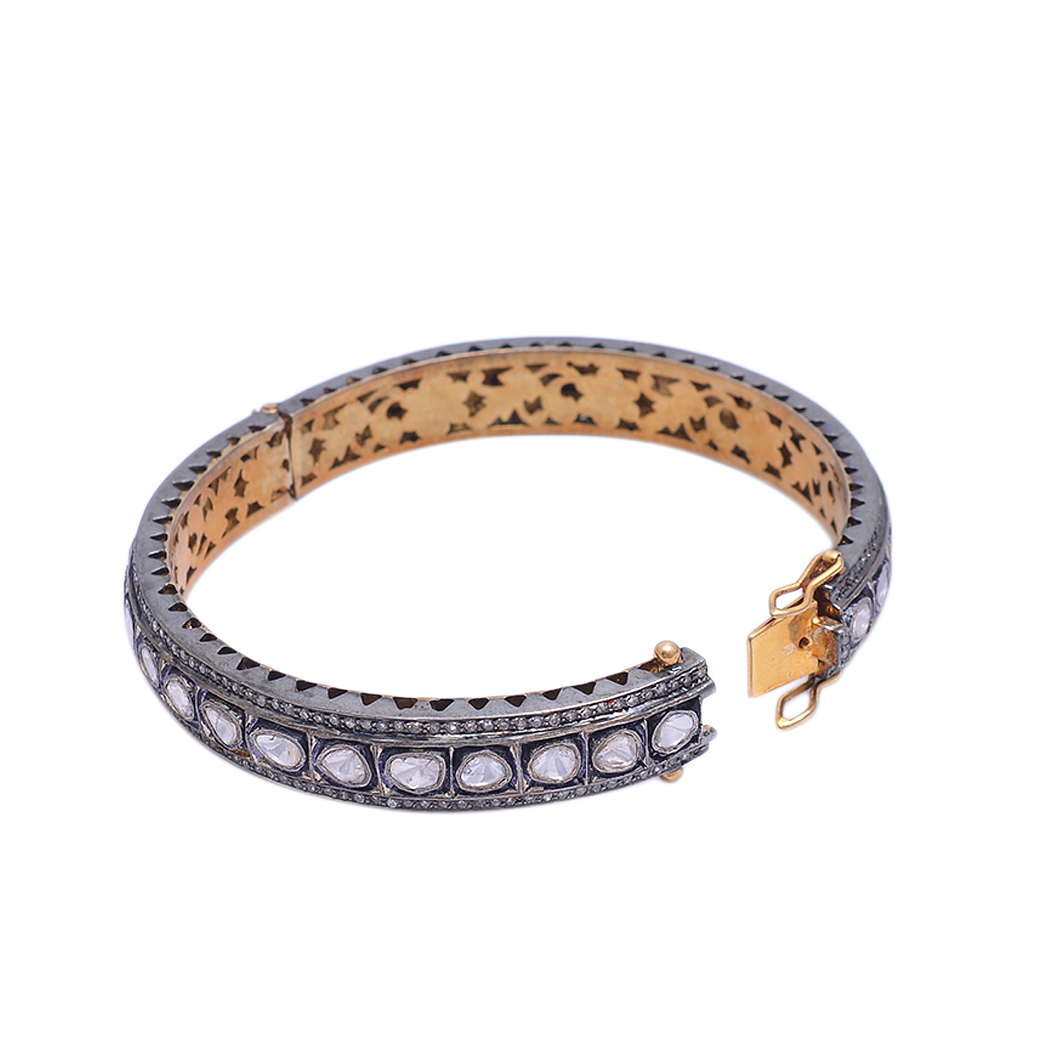 Victorian bangle with diamond polkis & uncut diamonds in gold plated silver - Image 2