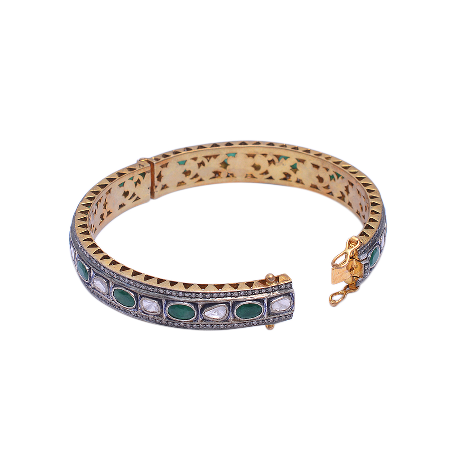 Emeralds, diamond polkis & uncut diamonds Victorian bangle in gold plated silver - Image 2