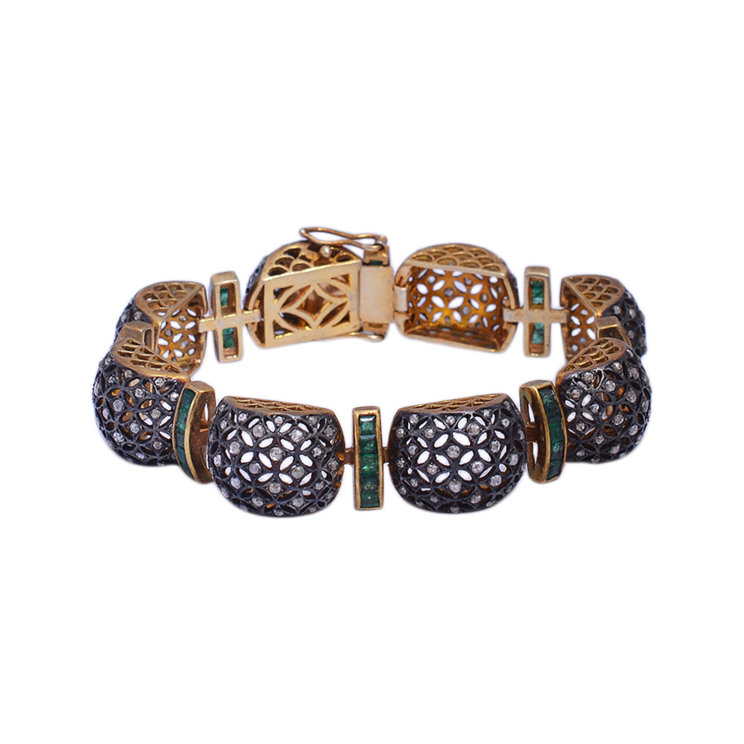 Emeralds & uncut diamonds Victorian bracelet in gold plated silver - Image 2
