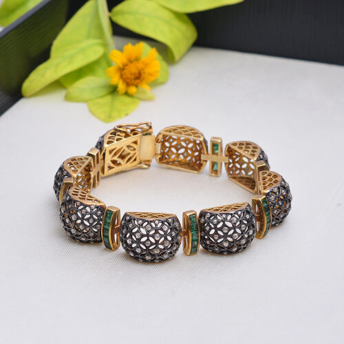 Emeralds & uncut diamonds Victorian bracelet in gold plated silver 