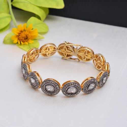 Diamond polkis & uncut diamonds Victorian bracelet in gold plated silver