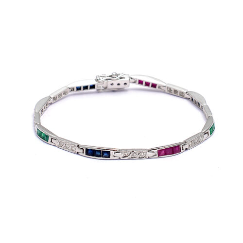 Square rubies, blue sapphire, emeralds & diamonds bracelet in silver 