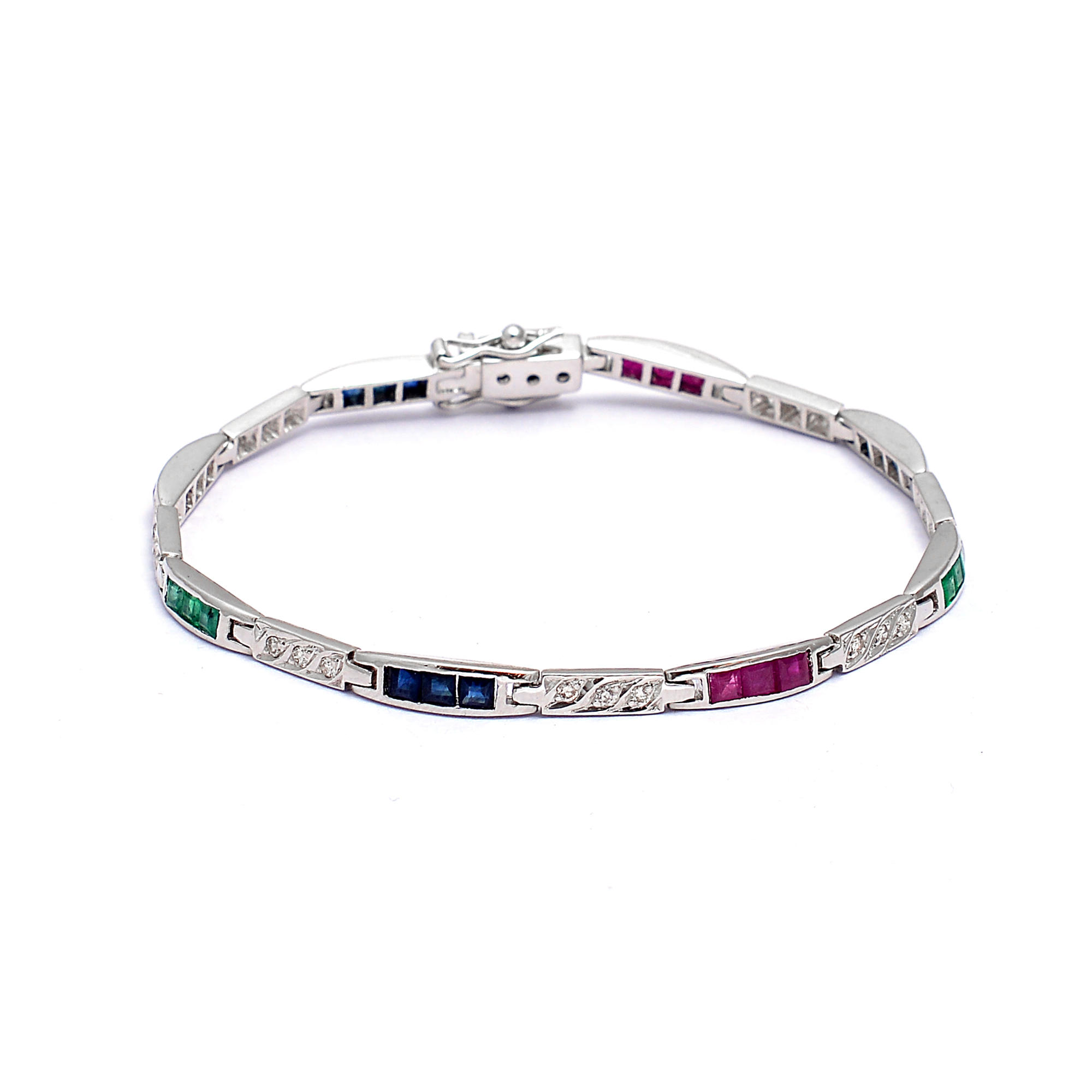 Square rubies, blue sapphire, emeralds & diamonds bracelet in silver