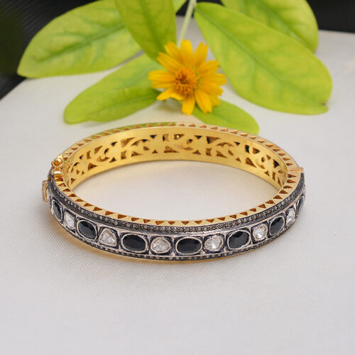 Blue sapphire & diamond polkis & uncut diamonds in gold plated silver