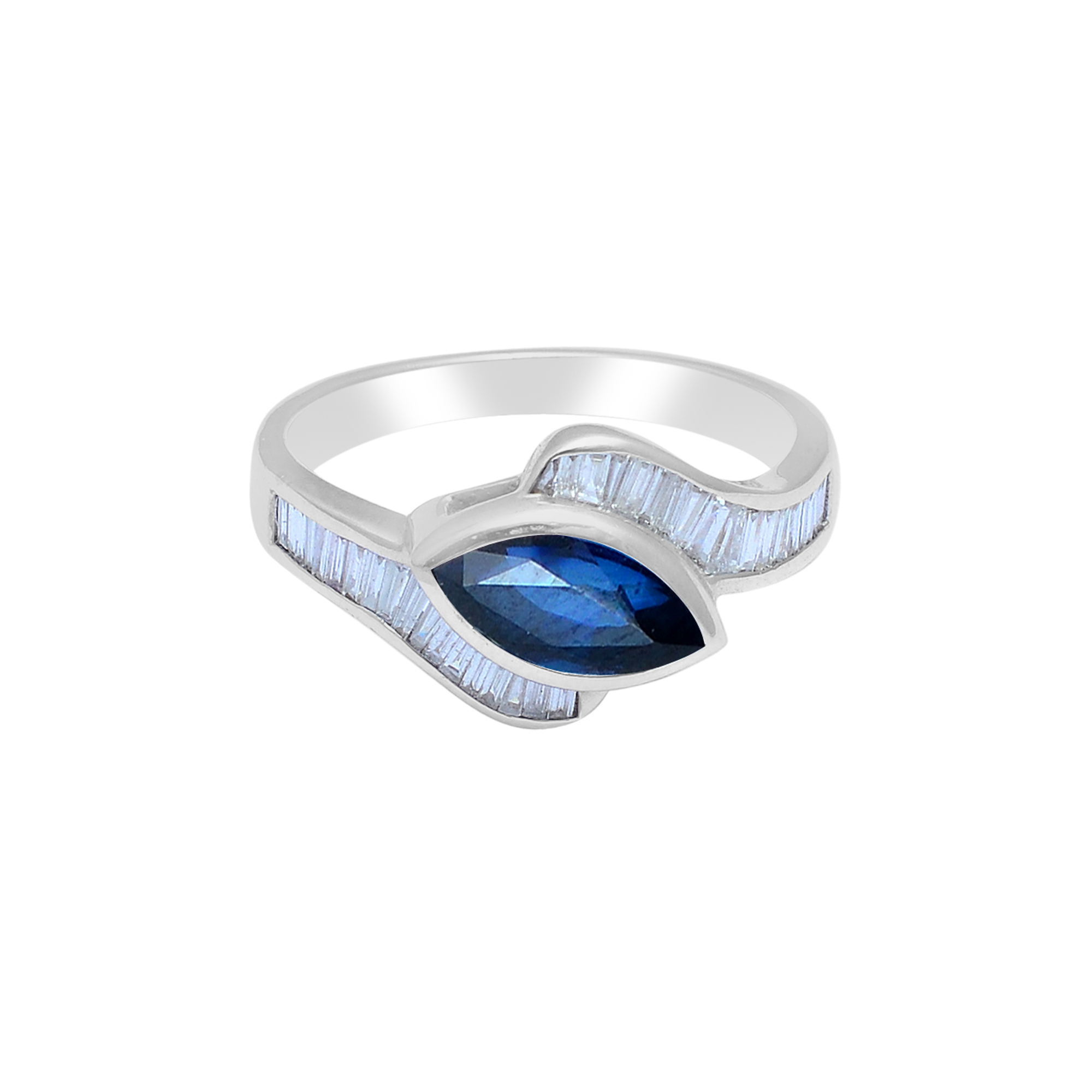 Marquise blue sapphire & baguette diamonds ring in 18ct white gold - Image 2