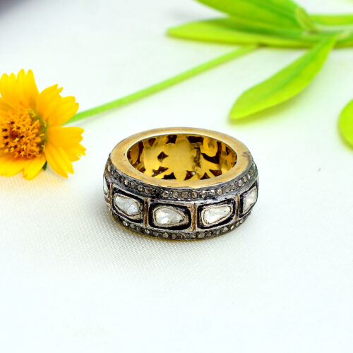 Uncut diamonds ring in gold plated silver