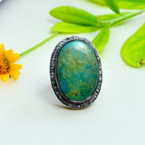 Turquoise & uncut diamonds Victorian ring in gold plated silver 