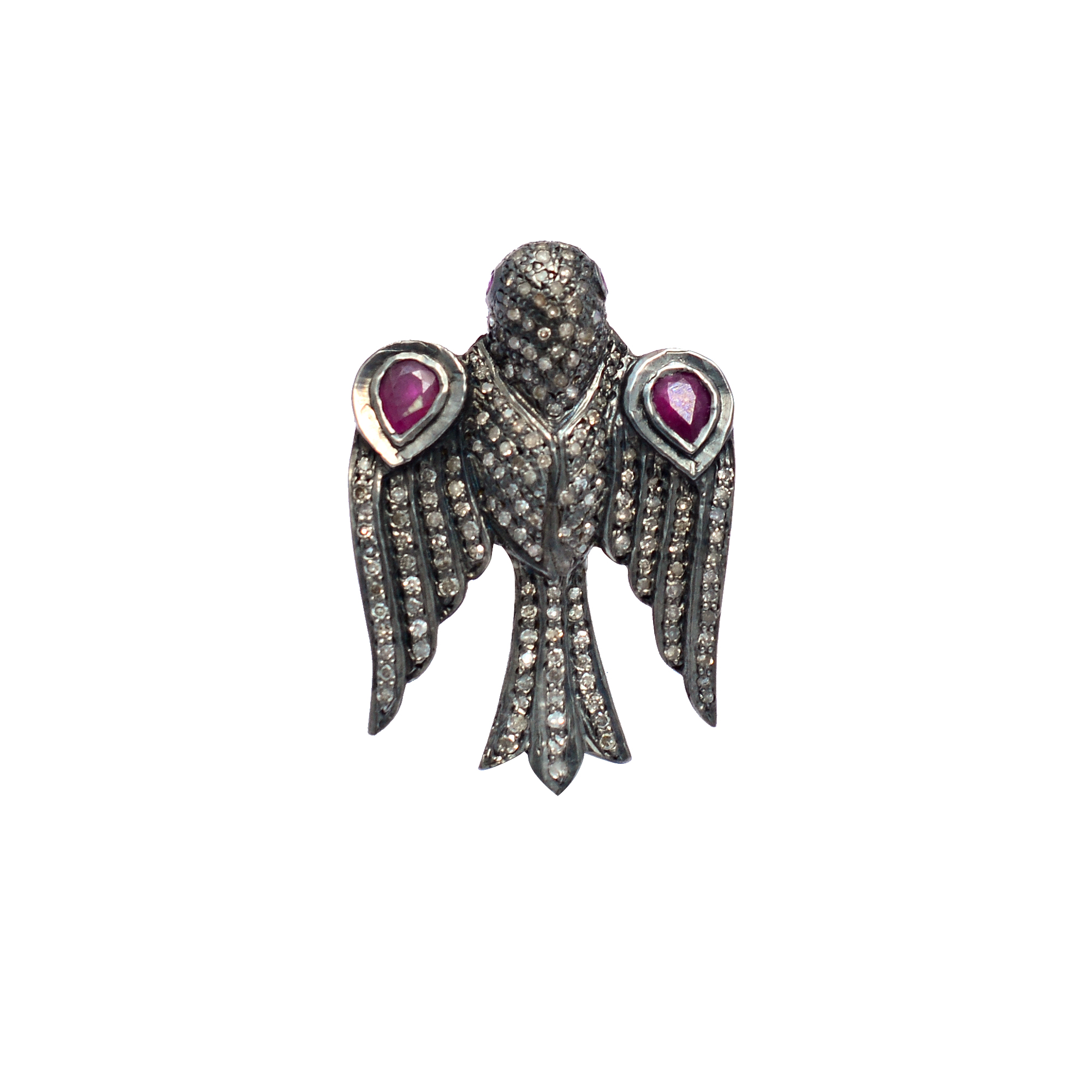 Pear shape rubies & uncut diamonds falcon victorian ring in silver - Image 2