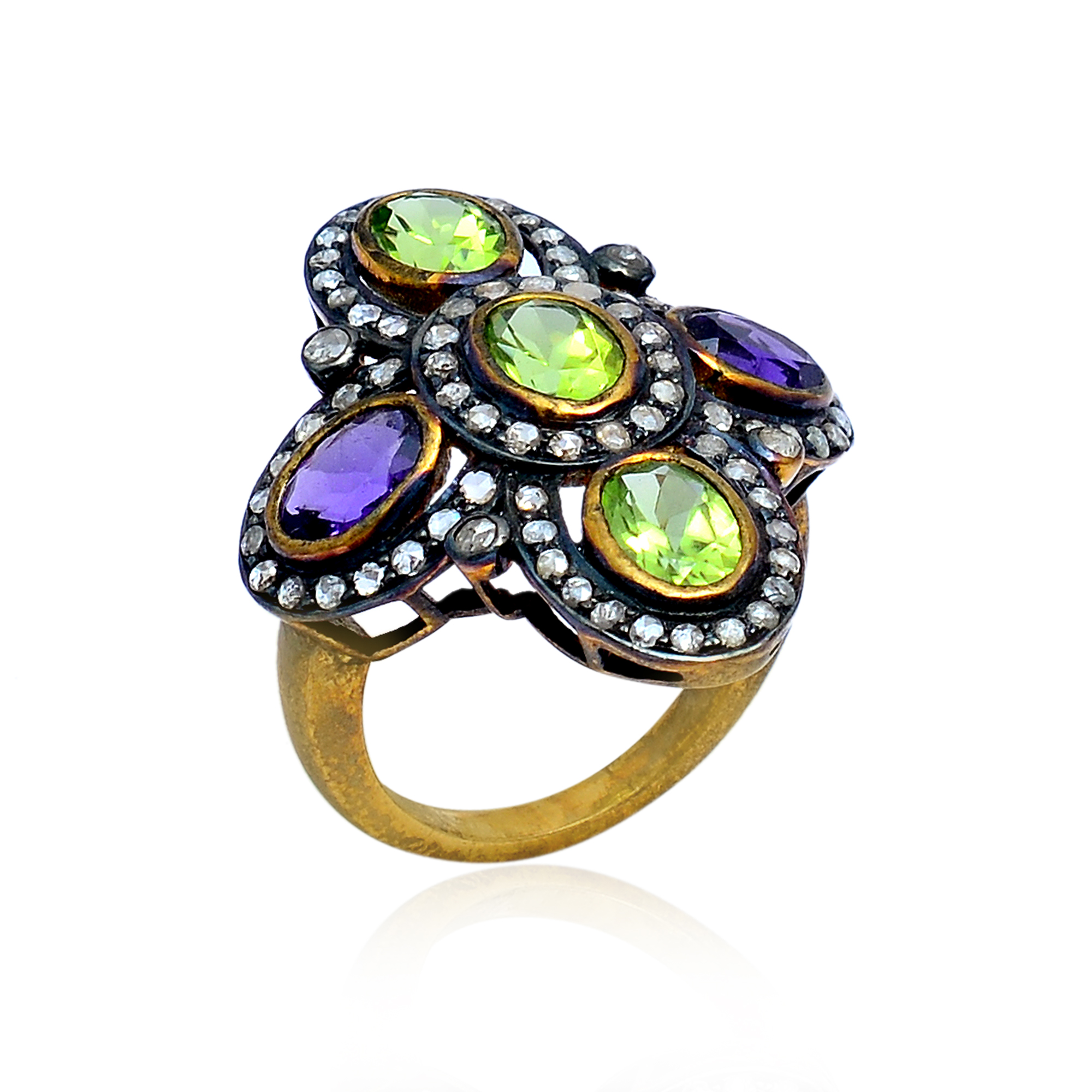 Oval peridot, amethyst & uncut diamonds Victorian ring in gold plated silver - Image 3
