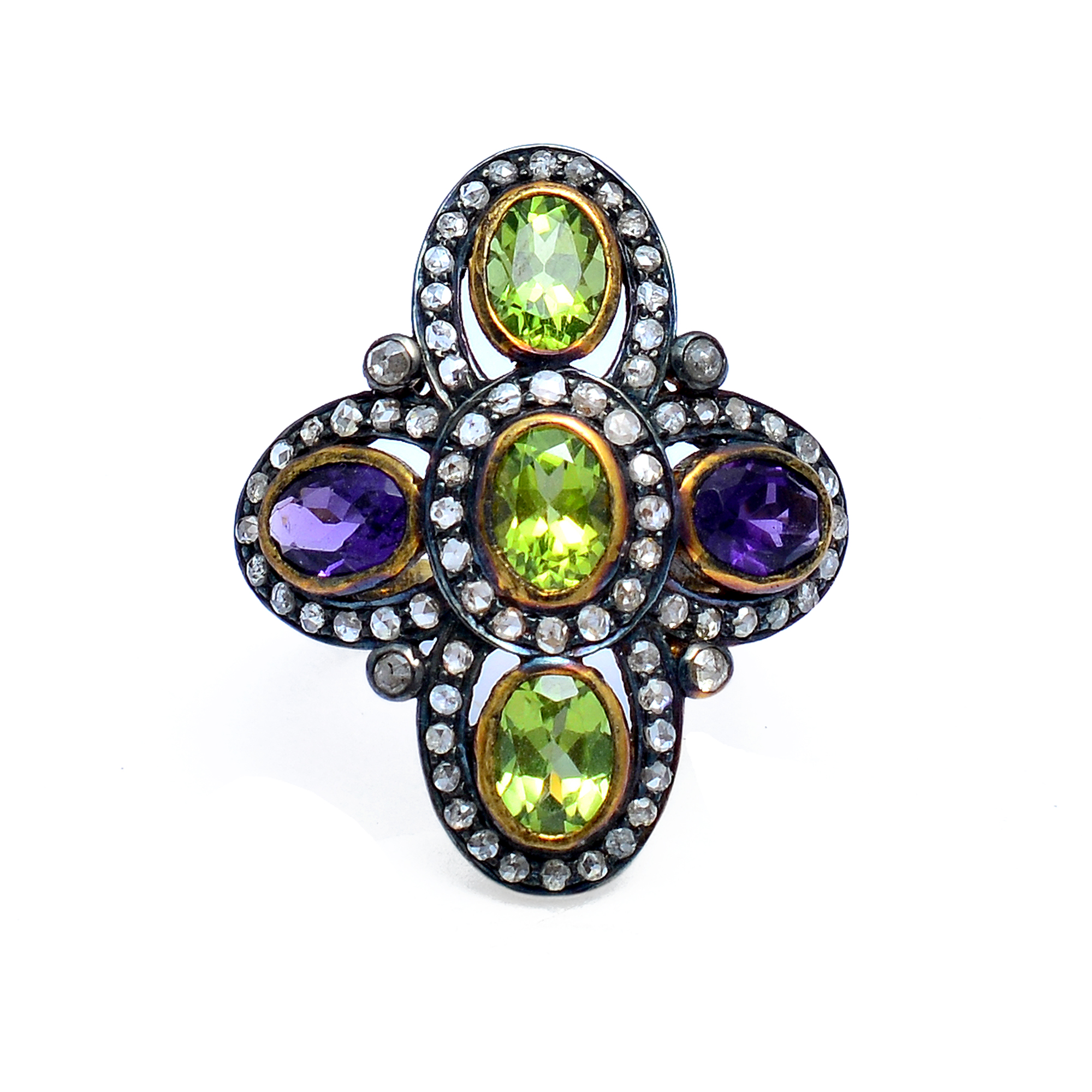 Oval peridot, amethyst & uncut diamonds Victorian ring in gold plated silver - Image 2