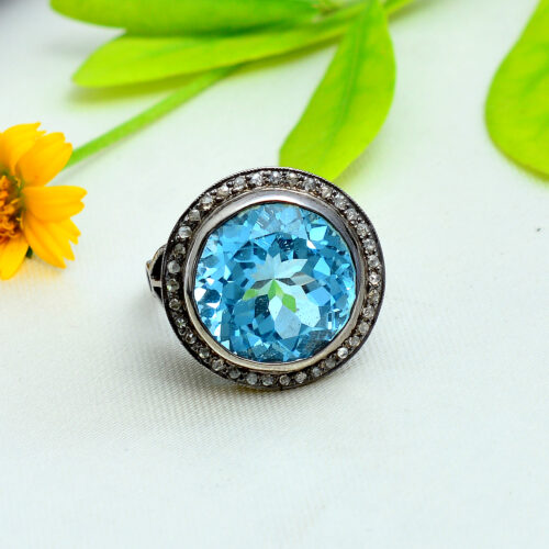 Round blue topaz & uncut diamonds Victorian ring in silver 