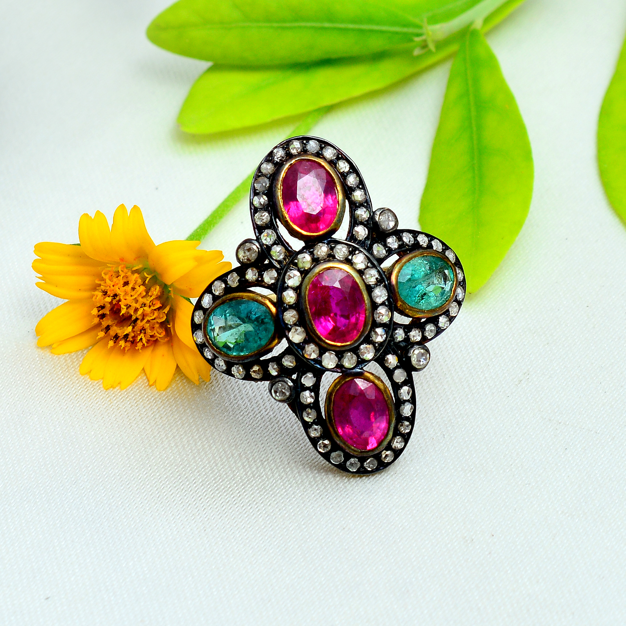 Oval rubies, emeralds & diamonds Victorian ring in gold plated silver