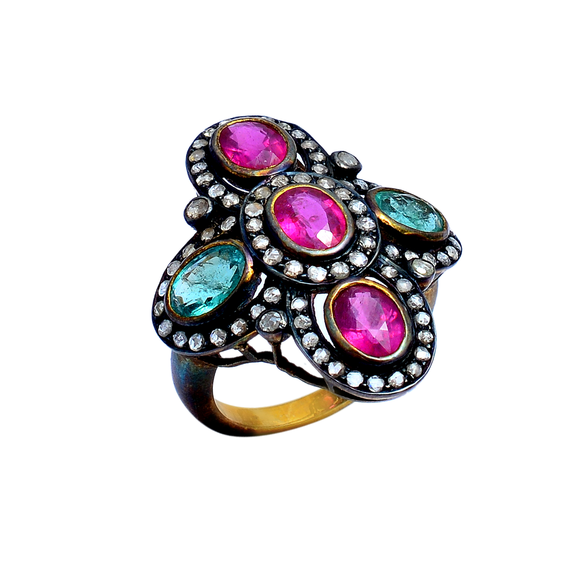 Oval rubies, emeralds & diamonds Victorian ring in gold plated silver - Image 2