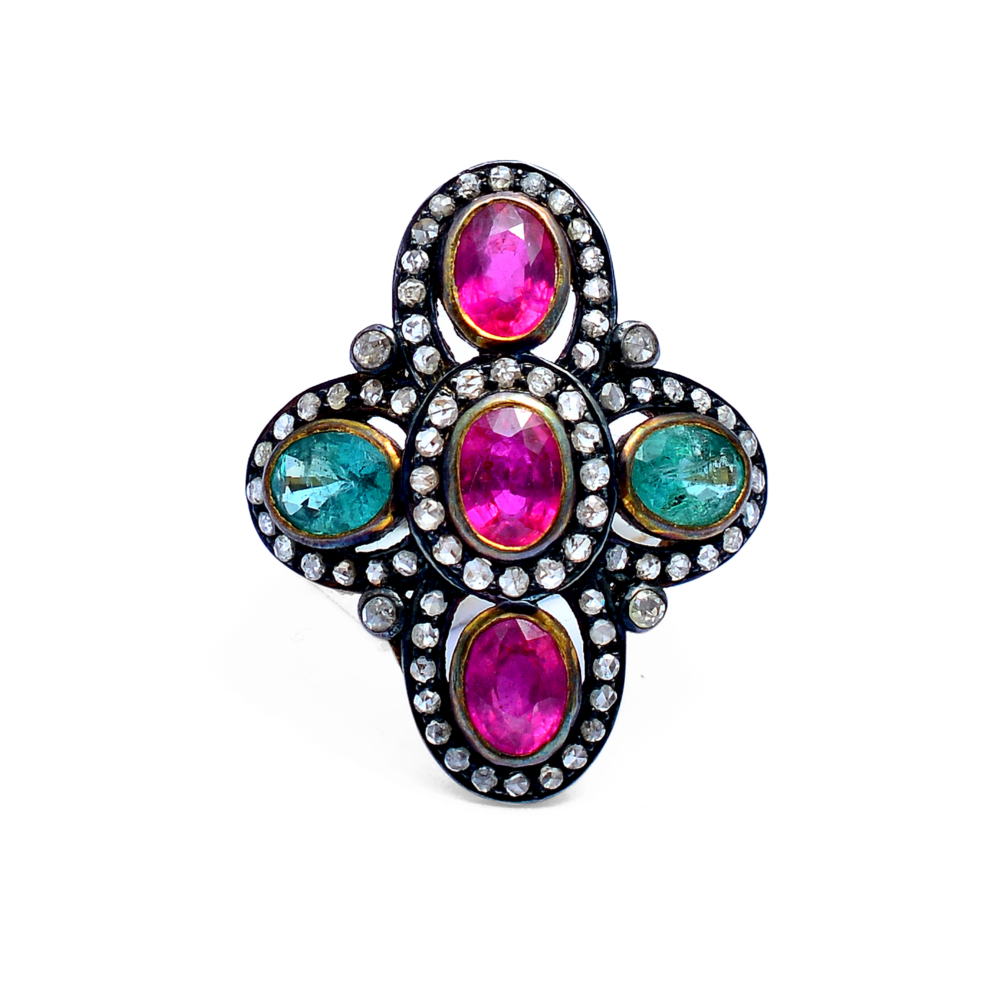 Oval rubies, emeralds & diamonds Victorian ring in gold plated silver - Image 3