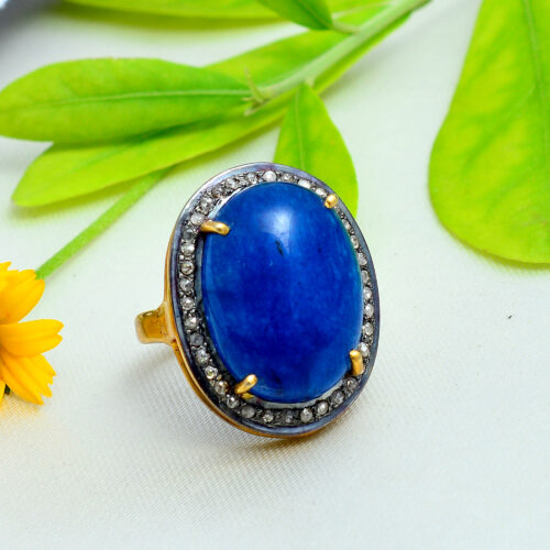 Blue onyx & uncut diamonds Victorian gold plated ring in silver 