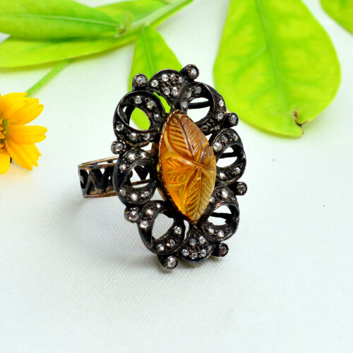Carved citrine & uncut diamonds Victorian ring in gold & silver 