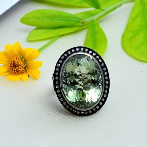 Green amethyst & uncut diamonds Victorian ring in silver